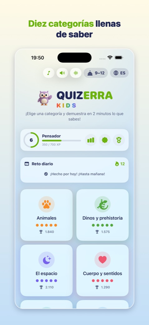 Menú principal con diez categorías