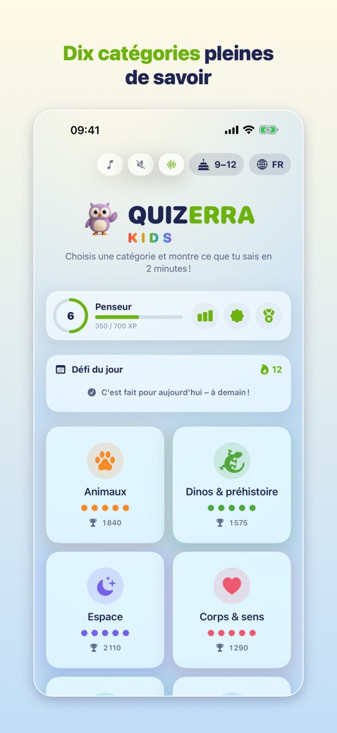 Menu principal avec dix catégories