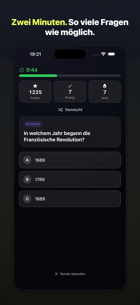 Laufende Runde mit Timer, Punkten und Serie