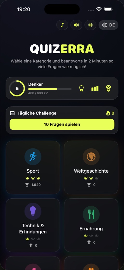 Quizerra-Hauptmenü mit Kategorien, Level-Anzeige und täglicher Challenge