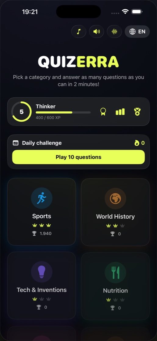 Quizerra main menu with categories, level indicator and daily challenge