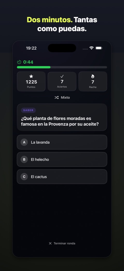 Ronda en curso con temporizador, puntos y racha