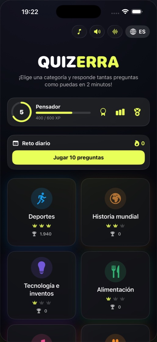 Menú principal de Quizerra con categorías, indicador de nivel y reto diario