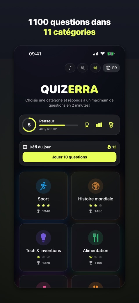 Menu principal avec les catégories