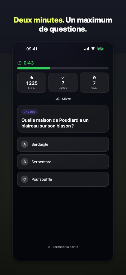 Manche en cours avec minuteur, points et série
