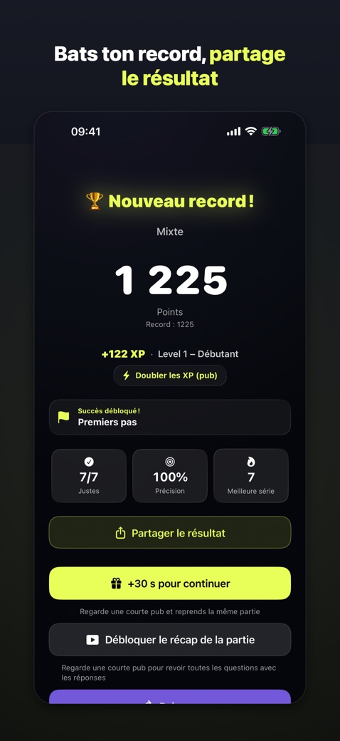 Écran de résultats après une manche