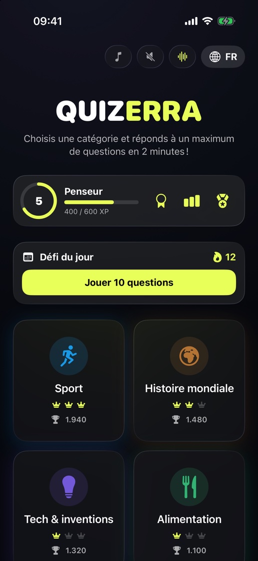 Menu principal de Quizerra avec les catégories, l’indicateur de niveau et le défi quotidien